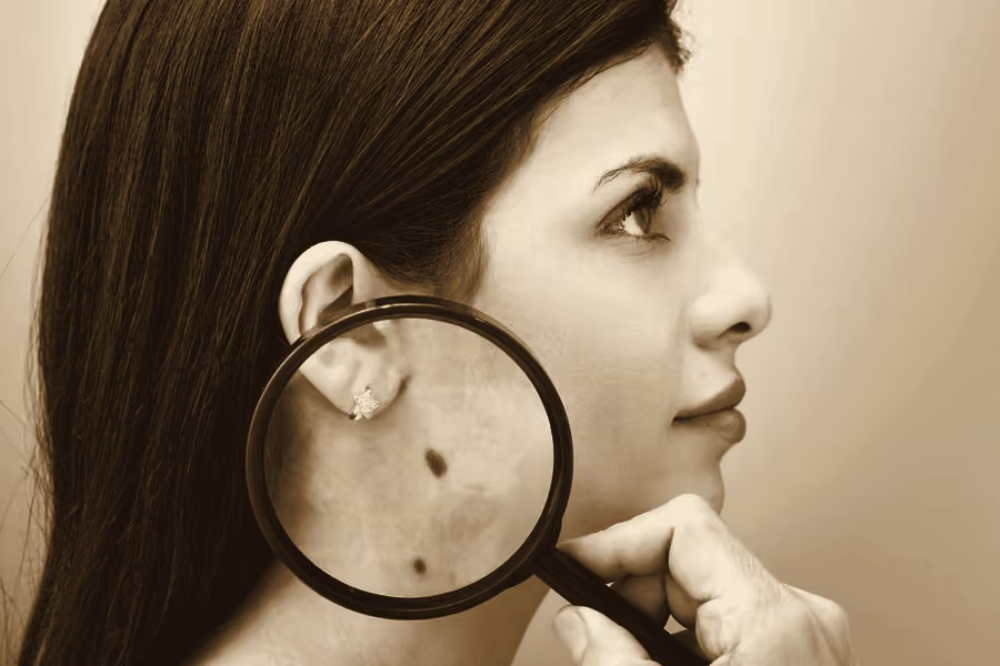 Avaliação de lesão de pele com lupa em consulta de dermatologia clínica